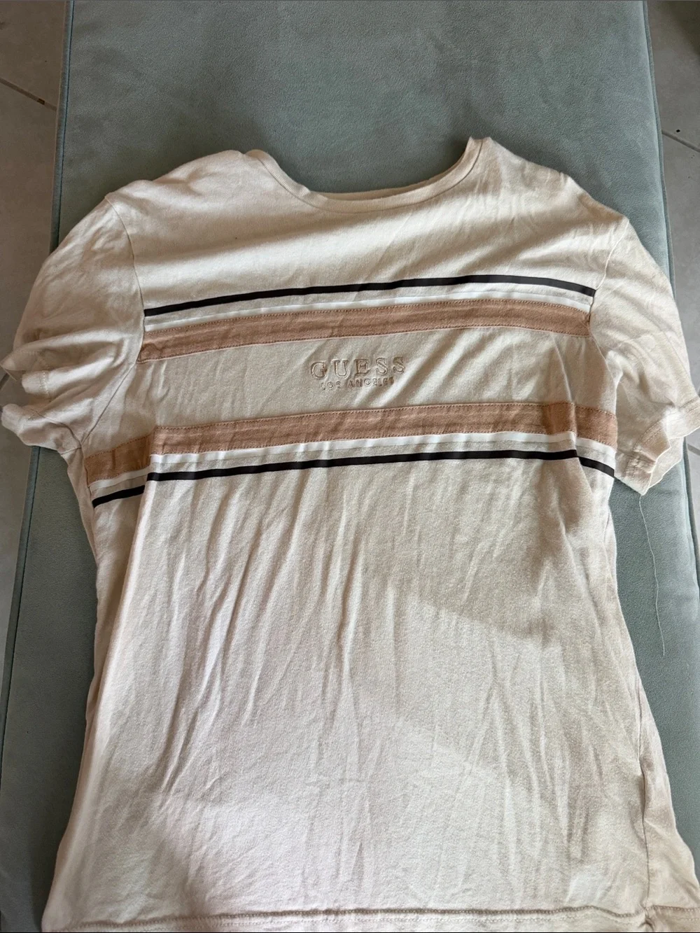 GUESS Men’s Cream Short-Sleeve Stripe Tee with Tan & Black Accents - Picture 1 of 3
